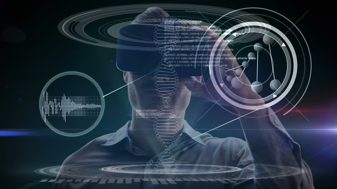 el uso de auriculares vr, el hombre interactuando con la cadena de adn y las animaciones de datos digitales