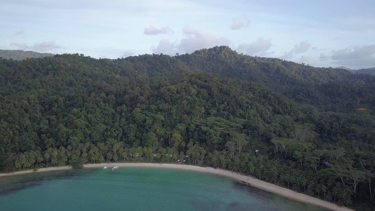 amplia vista aérea de la tranquila playa de arena blanca junto a la jungla natural salvaje en filipinas - pedestal de seguimiento de cámara hacia abajo