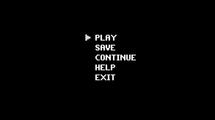 Pixel art game menu option text with play button animation isolated on black background