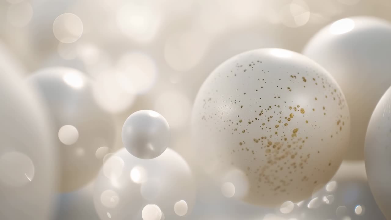 Moving camera drawing focus closer to speckled cream sphere in macro closeup, with glossy pearls