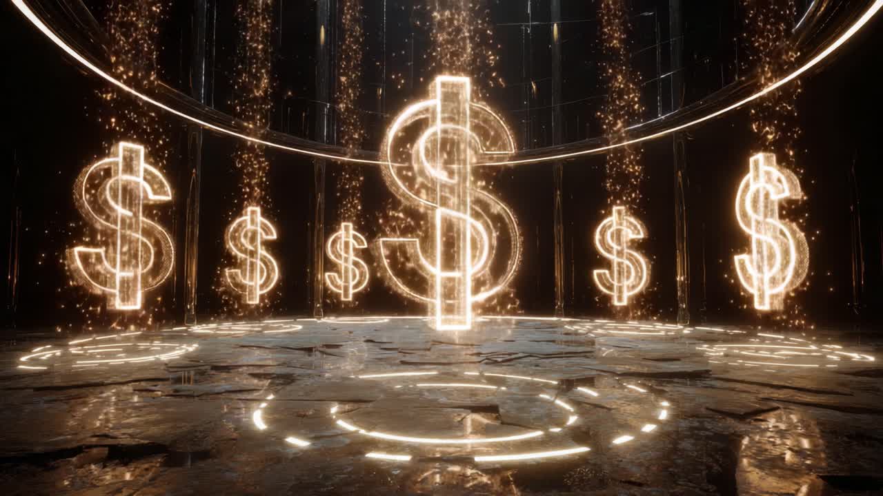 Glowing golden dollar signs illuminating a dark, abstract stage with sparkling particles raining down. This motion graphic represents wealth, success, finance, and economic prosperity concepts