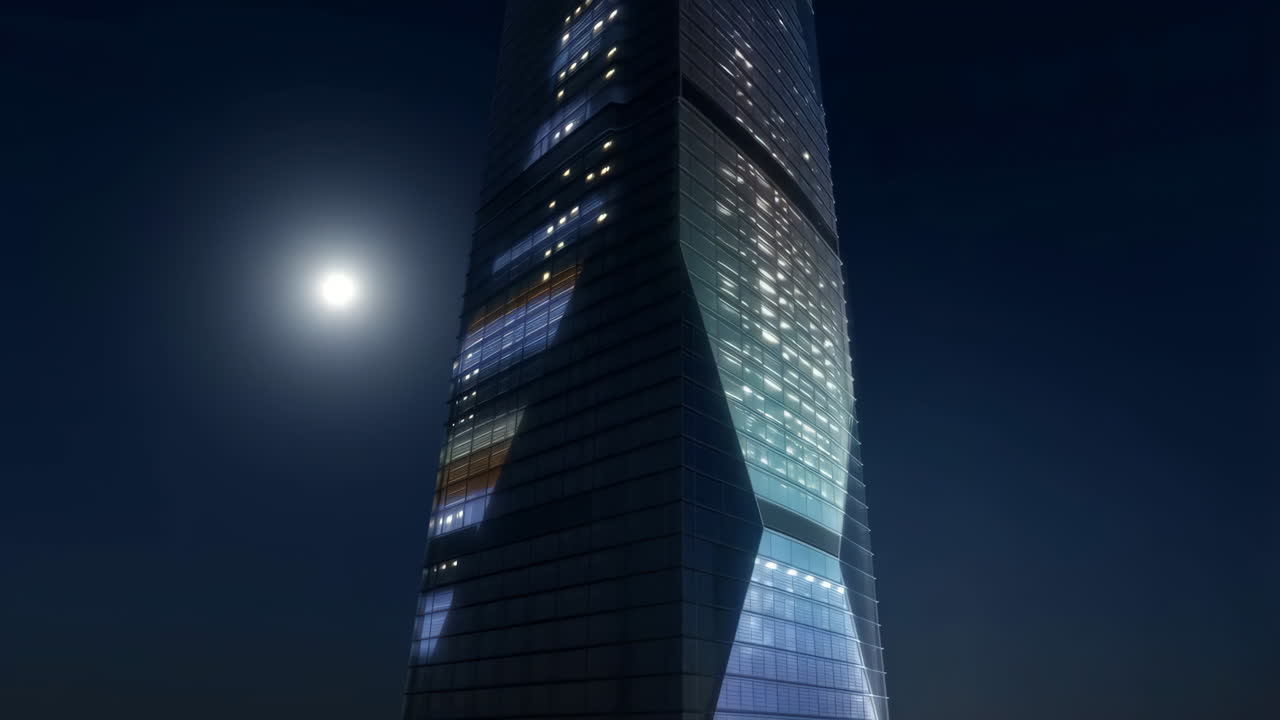 Modern Skyscraper at Night with Moon