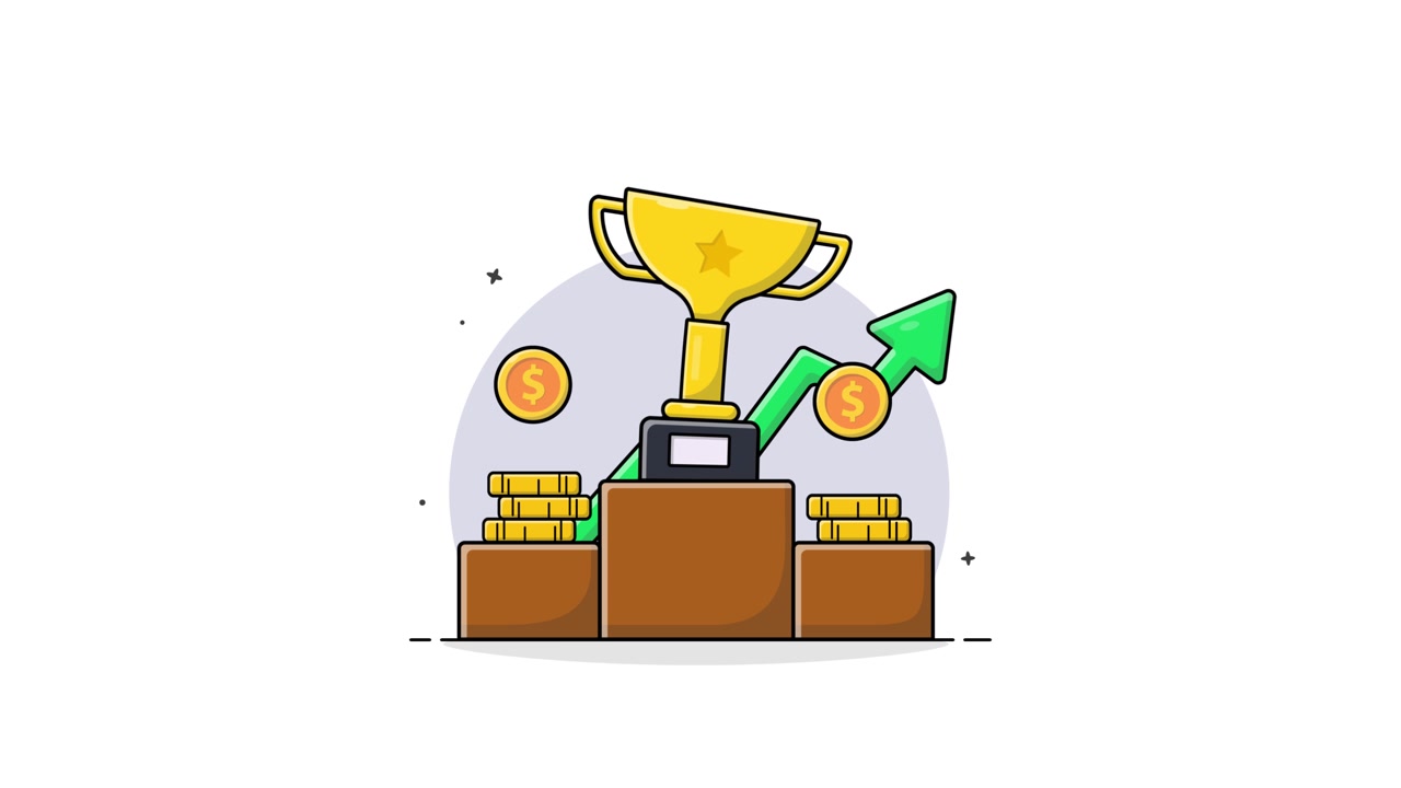 Golden Trophy on Winner's Podium with Growing Money and Upward Arrow