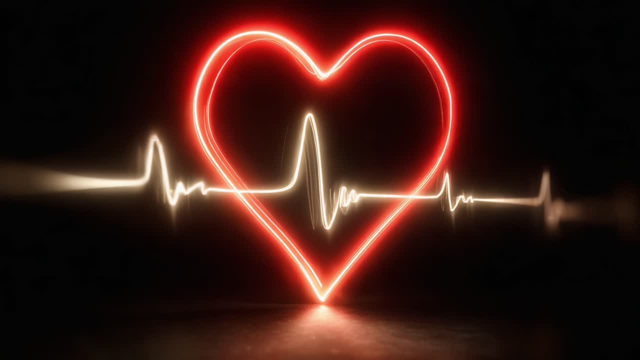 A mesmerizing neon heart illuminated in vibrant red and white, pulsating against a dark background, symbolizing love and vitality through its rhythmic heartbeat pattern