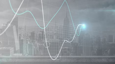 gráficos blancos y azules brillantes y procesamiento de datos sobre el fondo del paisaje urbano moderno.