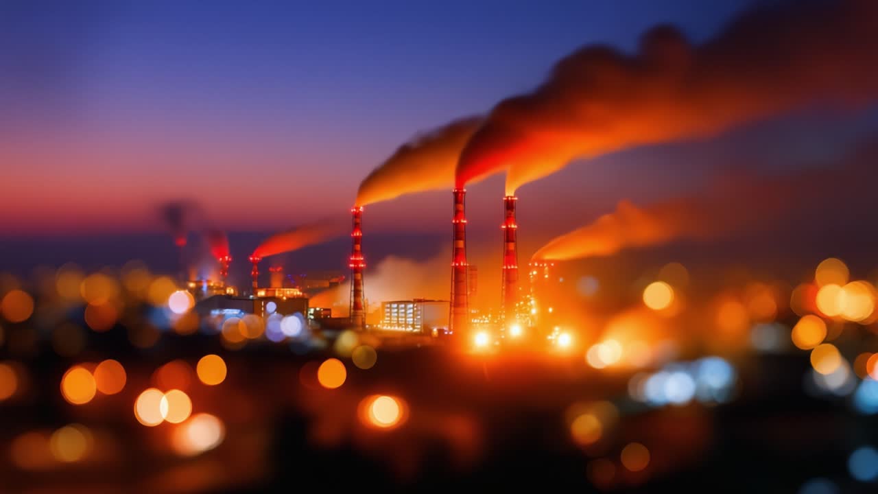 Vue majestueuse de cheminées industrielles au coucher du soleil, illuminées par les lumières de la ville, créant un contraste saisissant entre la nature et le développement urbain, symbolisant le progrès.