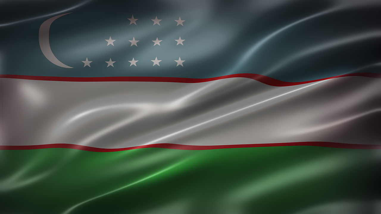 우즈베키스탄의 국기, 전면 뷰, 풀 프레임, 반이는, 우아하고, 우아한 실키 텍스처, 바람에 흔들리는, 현실적인 4k cg 애니메이션, 영화와 같은 느낌과 외관, 원활한 루프 가능