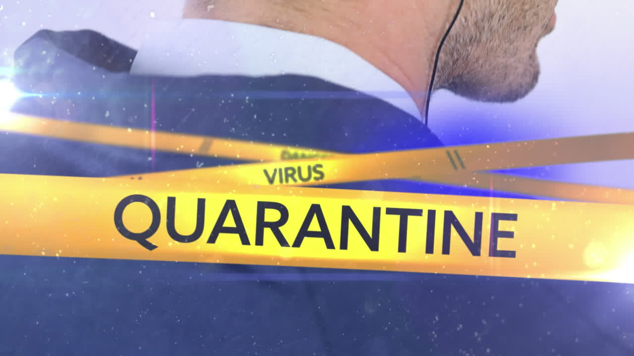 위험 바이러스 격리 텍스트와 함께 노란색 경찰 테이프의 디지털 복합 비디오