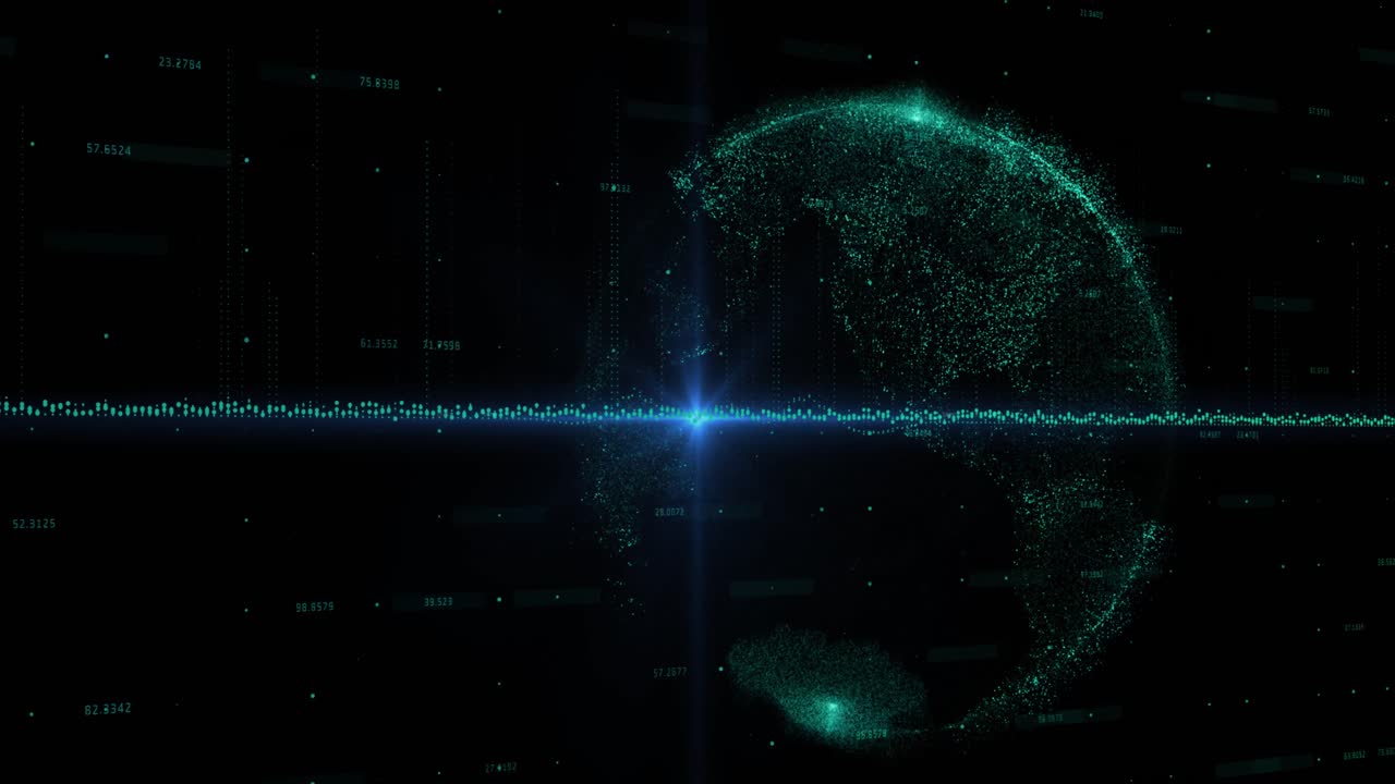 Animation of globe and data processing over dark background