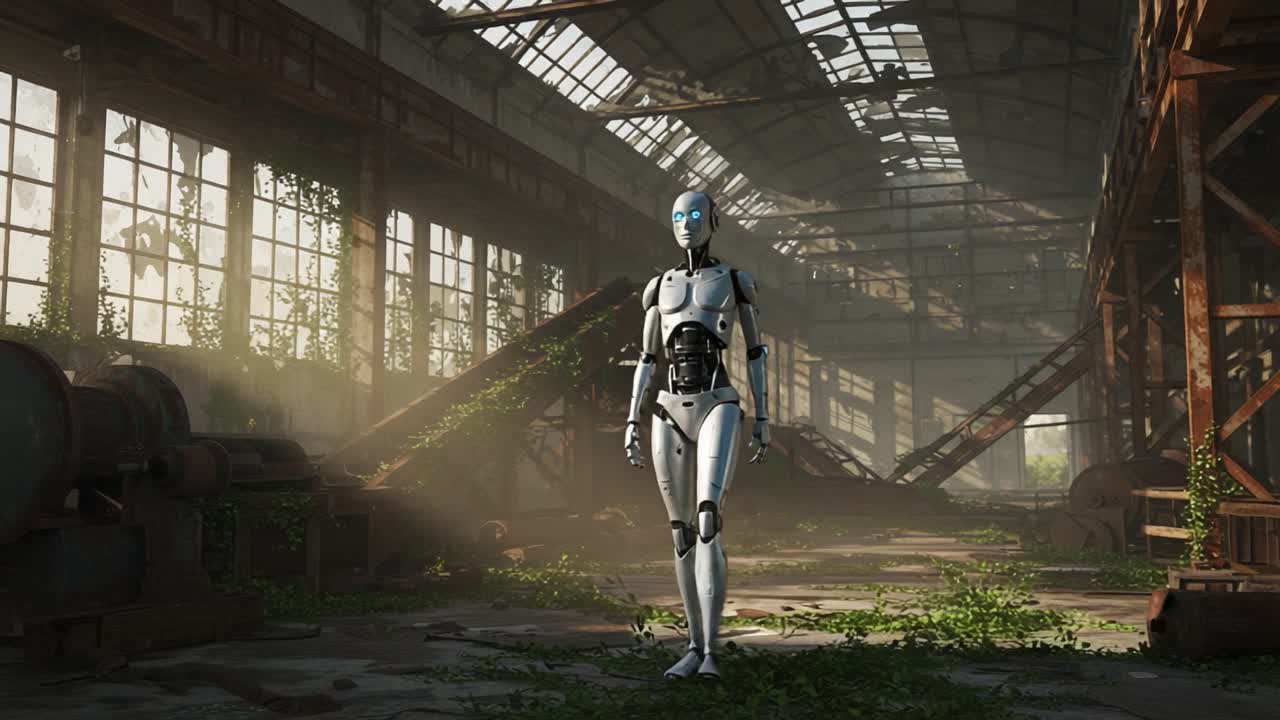 A futuristic humanoid robot stands in a derelict industrial warehouse overtaken by nature, showcasing the intersection of technology and the resilience of nature in an abandoned environment