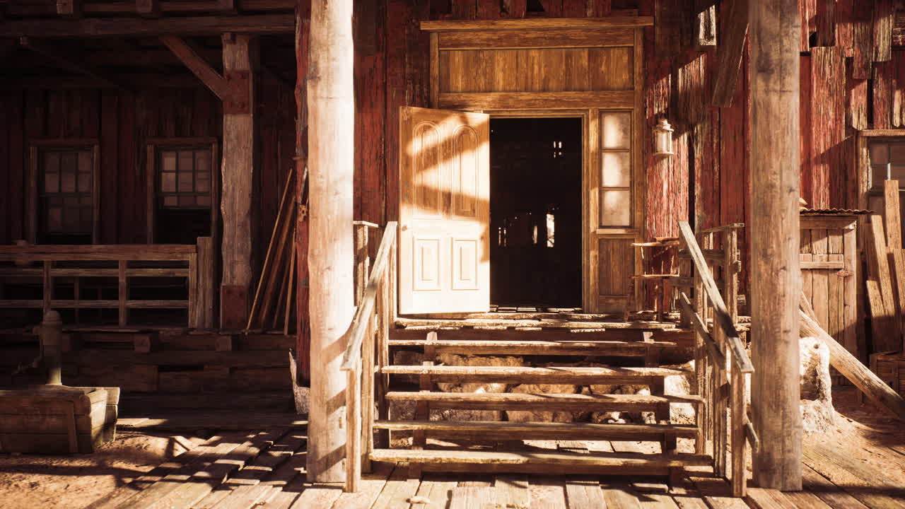 Rustic wooden building entrance with sunlit steps in an old western town