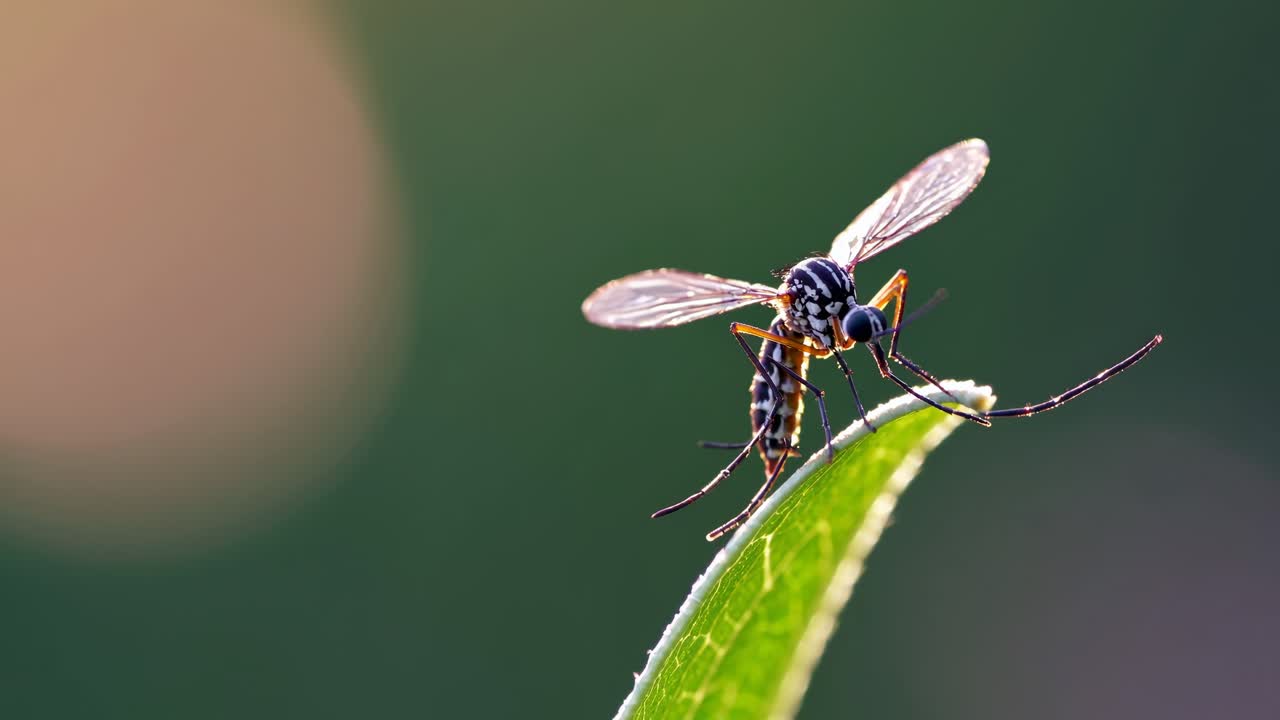 Close-up of a mosquito on a leaf, captured from a side angle