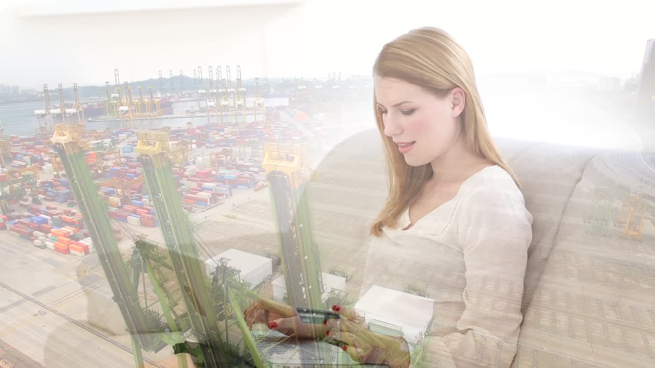 mujer caucásica en distanciamiento social comprando en línea en casa