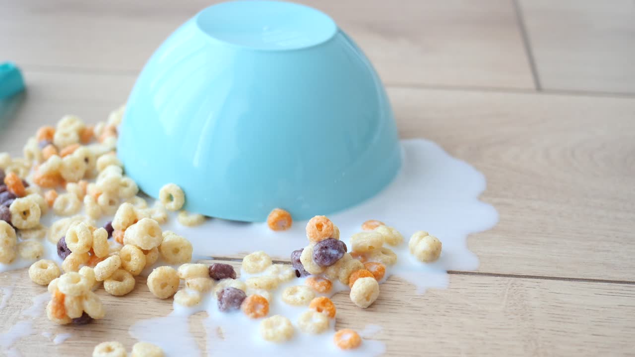 A Bowl of Cereal Spilled on the Floor