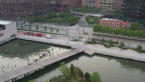 an aerial view over manhattan's little island, a public green space taken on a sunny morning