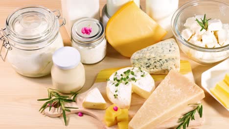 variety of dairy products on wooden background