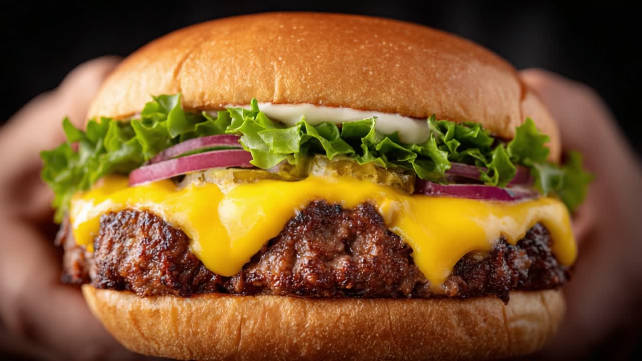 A Mouthwatering Juicy Cheeseburger with Fresh Ingredients, Featuring a Perfectly Grilled Patty Topped with Creamy Cheese, Crisp Lettuce, and Sliced Onions