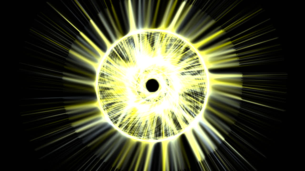 Bright flash Psychedelic kaleidoscopic rings animate on black screen