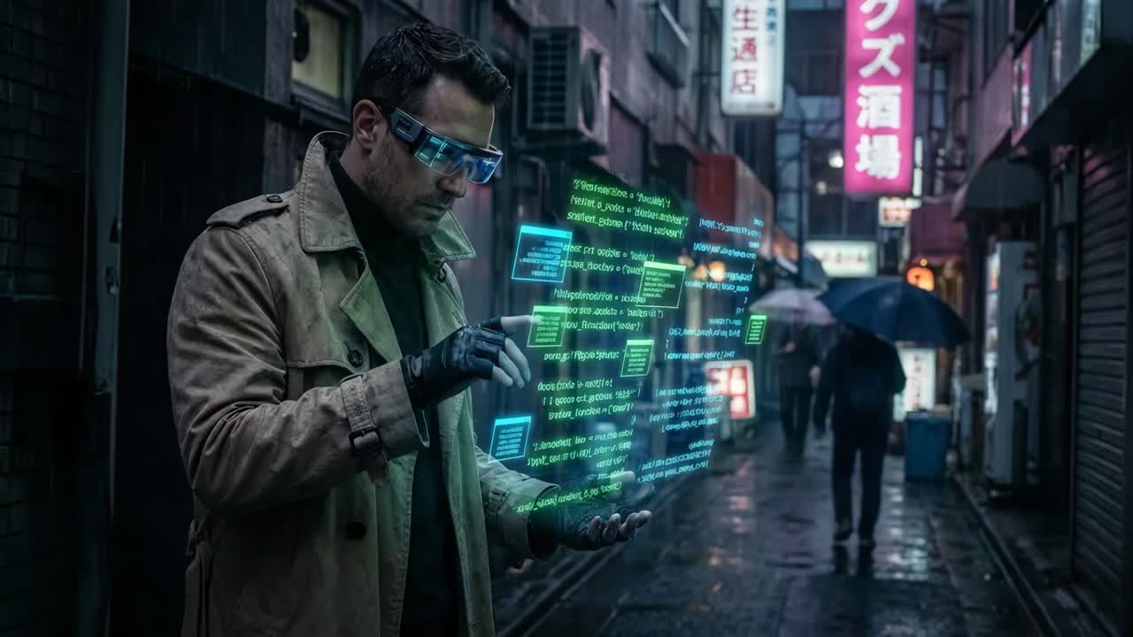 Cyberpunk Man with Augmented Reality Interface in a Futuristic City