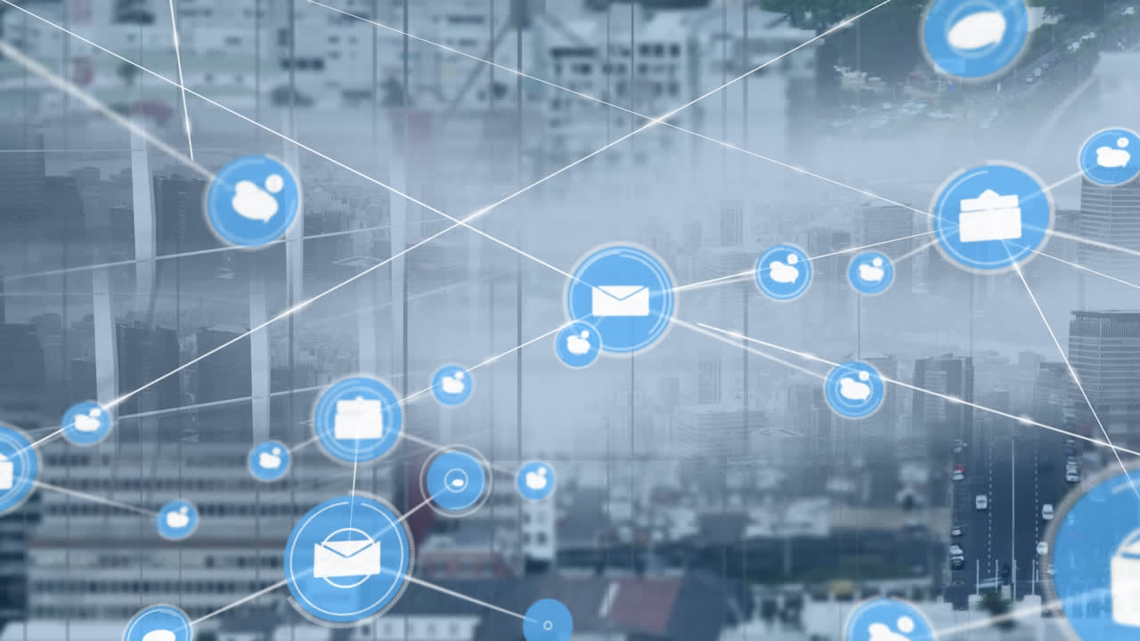 Animation of network of connections over city scape