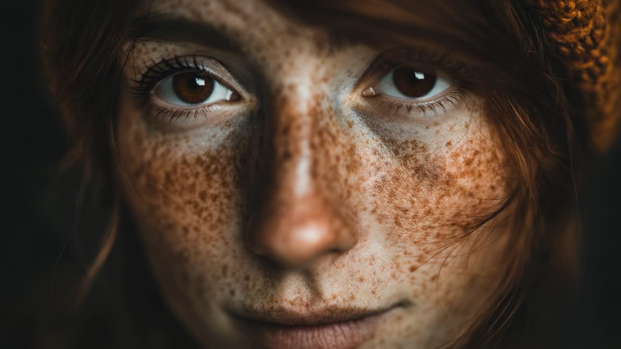 A Captivating Transformation: From Serene Reflection to Intense Gaze in a Close-Up Portrait of a Freckled Woman Wearing a Knit Beanie