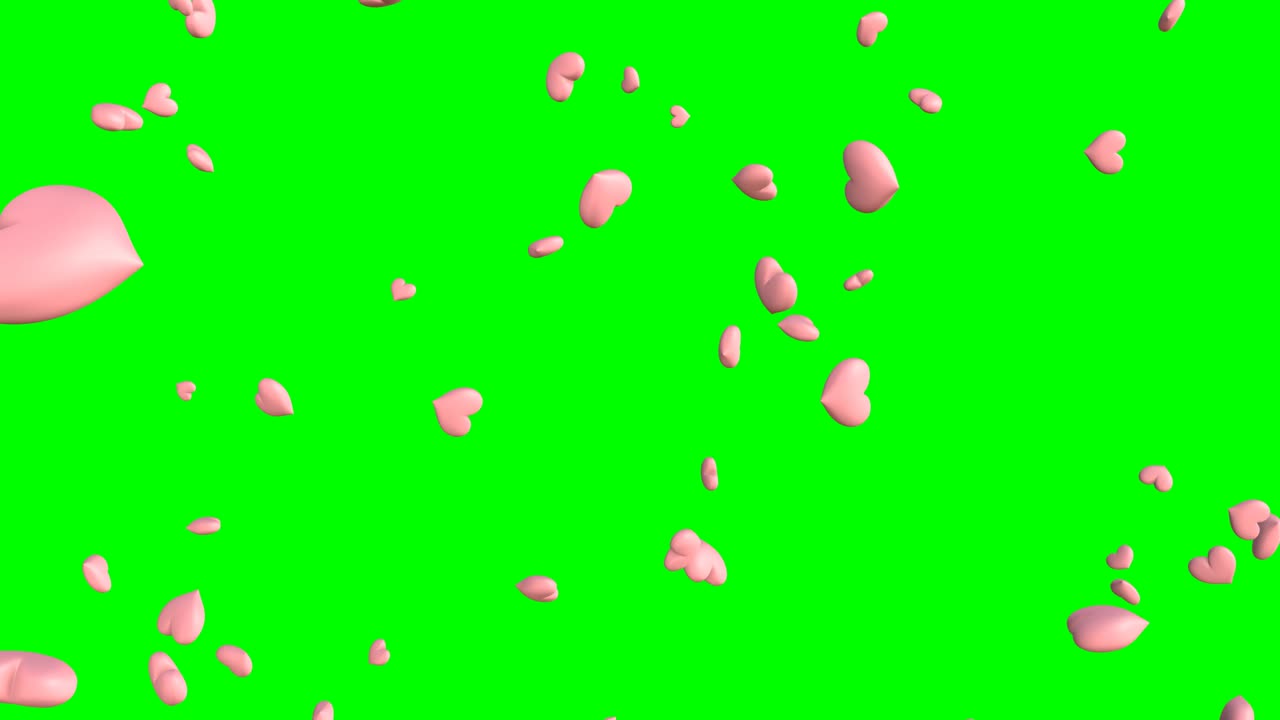 푸른 분홍색 심장 모양의 추상적인 애니메이션. 녹색 크로마 키 배경에.