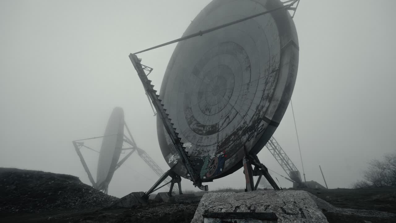 Eerie Abandoned Radar Dishes in Thick Fog