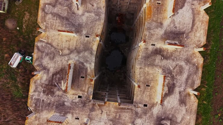 Vista aerea di un cantiere edile che mostra scavi profondi