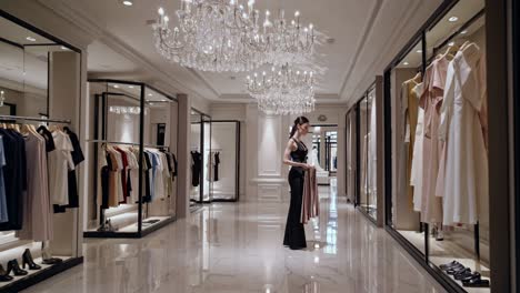 stylish woman is holding and looking at some clothes in a luxury boutique, surrounded by elegant garments and crystal chandeliers, enjoying a premium shopping experience