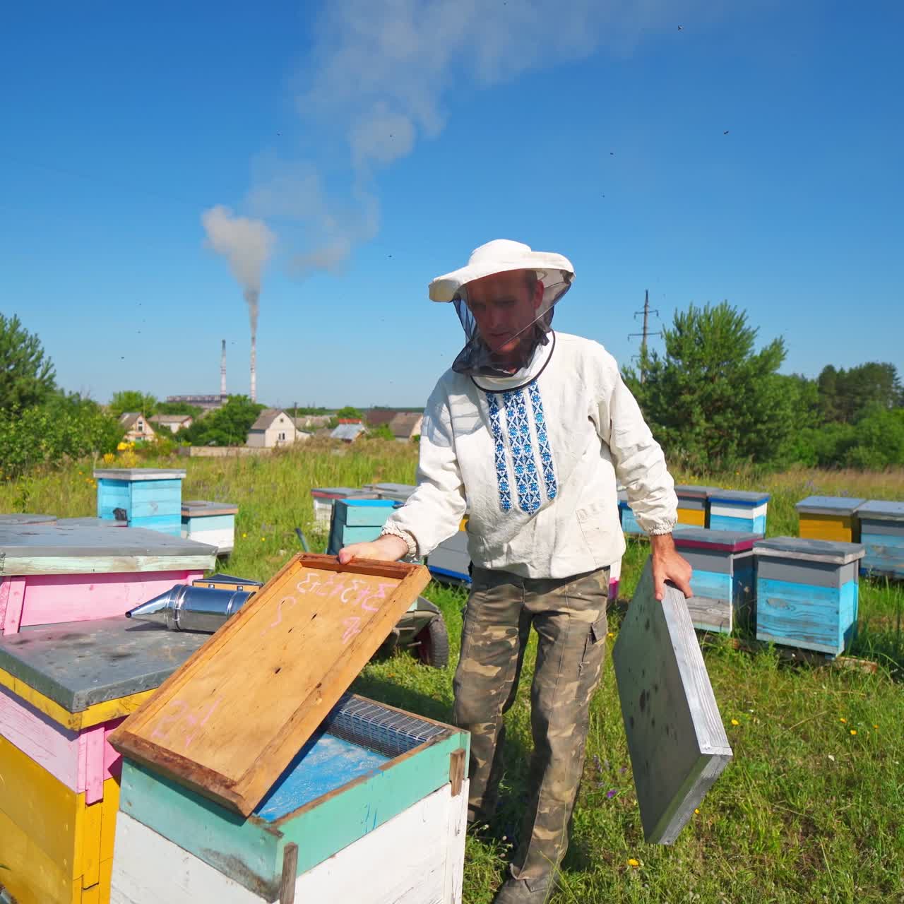 Apiary on village background. Beekeeper in protective hat working near wooden hives. Apiculture concept.