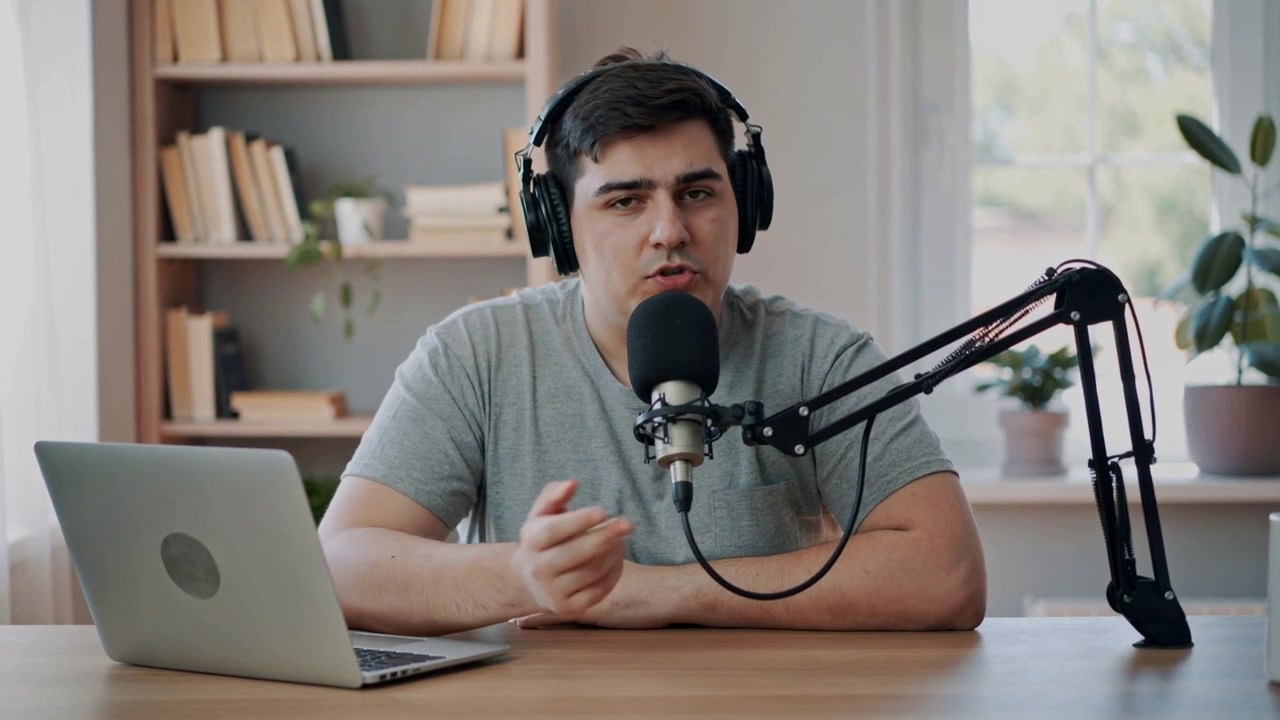 Optagelse starter: vært iført grå T-shirt i hjemmestudie taler ind i mikrofon og optager podcast.