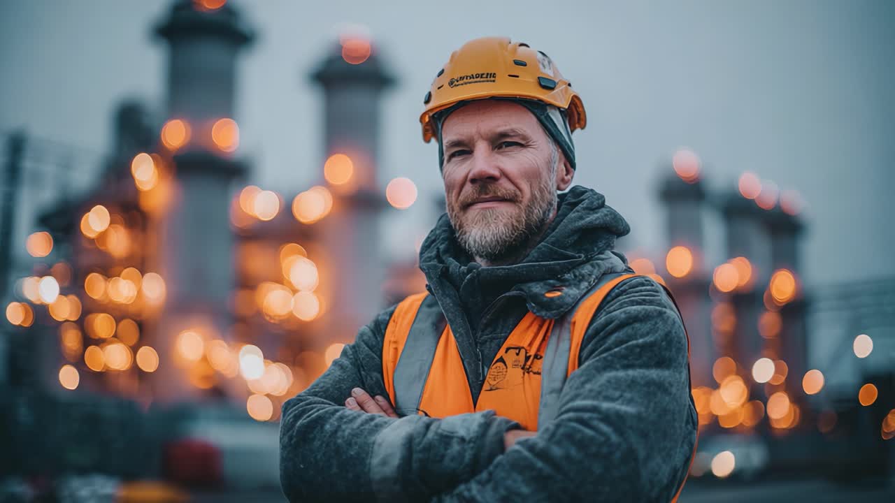 Confident Worker in Safety Gear Stands Proudly Against Industrial Background, Highlighting Workplace Safety and Professionalism in Modern Engineering Environments