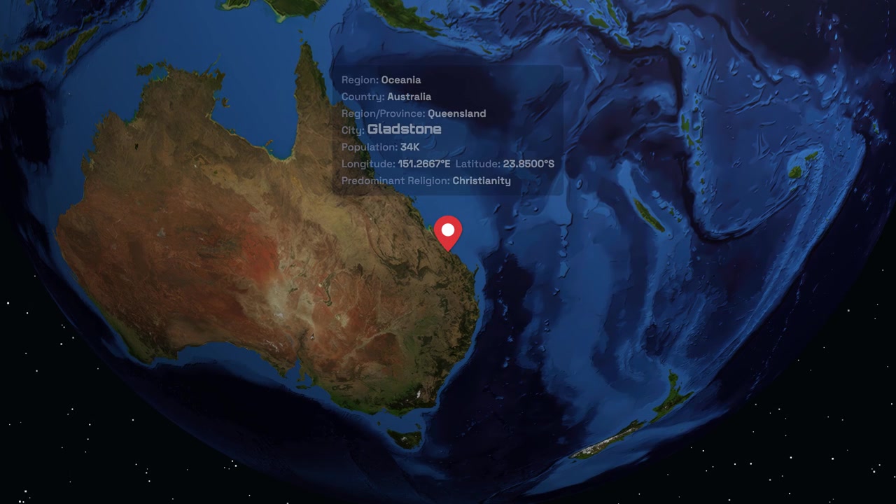 Digital globe rotates and zooms into Gladstone Australia with a location pin and demographic information