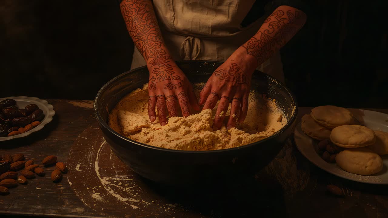 Reaching hands wearing apron pulling flour into liquid in bowl, forming dough rounds for baking