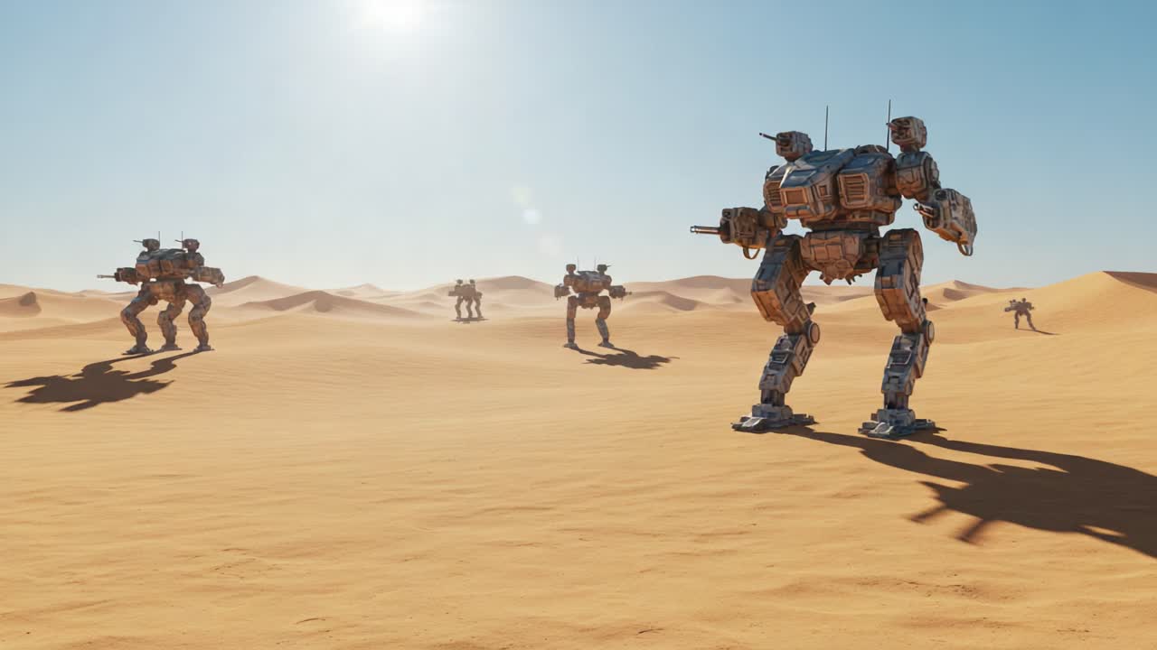 Desert Encounter: Mechanized Robotics in the Arid Landscape Showcasing Advanced Technology Amidst a Desert Terrain under a Bright Sun