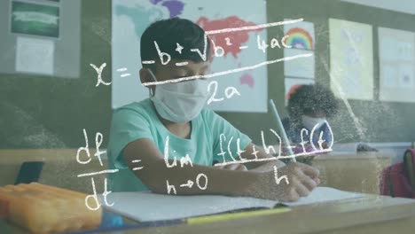 animation of mathematical formulae over schoolboy in face mask writing at school