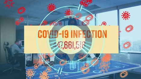 Animation-of-text-covid-19-infection,-scanner-and-virus-cells-over-man-in-vr-headset-in-office