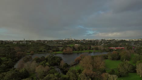 city skyline view of auckland, new zealand, on a cloudy day.