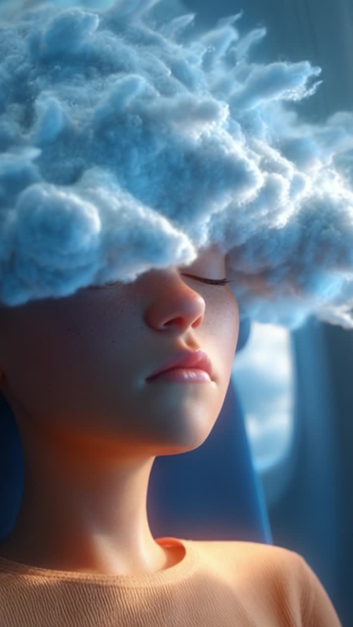 Un ritratto sognante di un individuo sereno con capelli soffici come nuvole, catturato con illuminazione soffusa, che evoca pace e tranquillità in uno stato di relax.