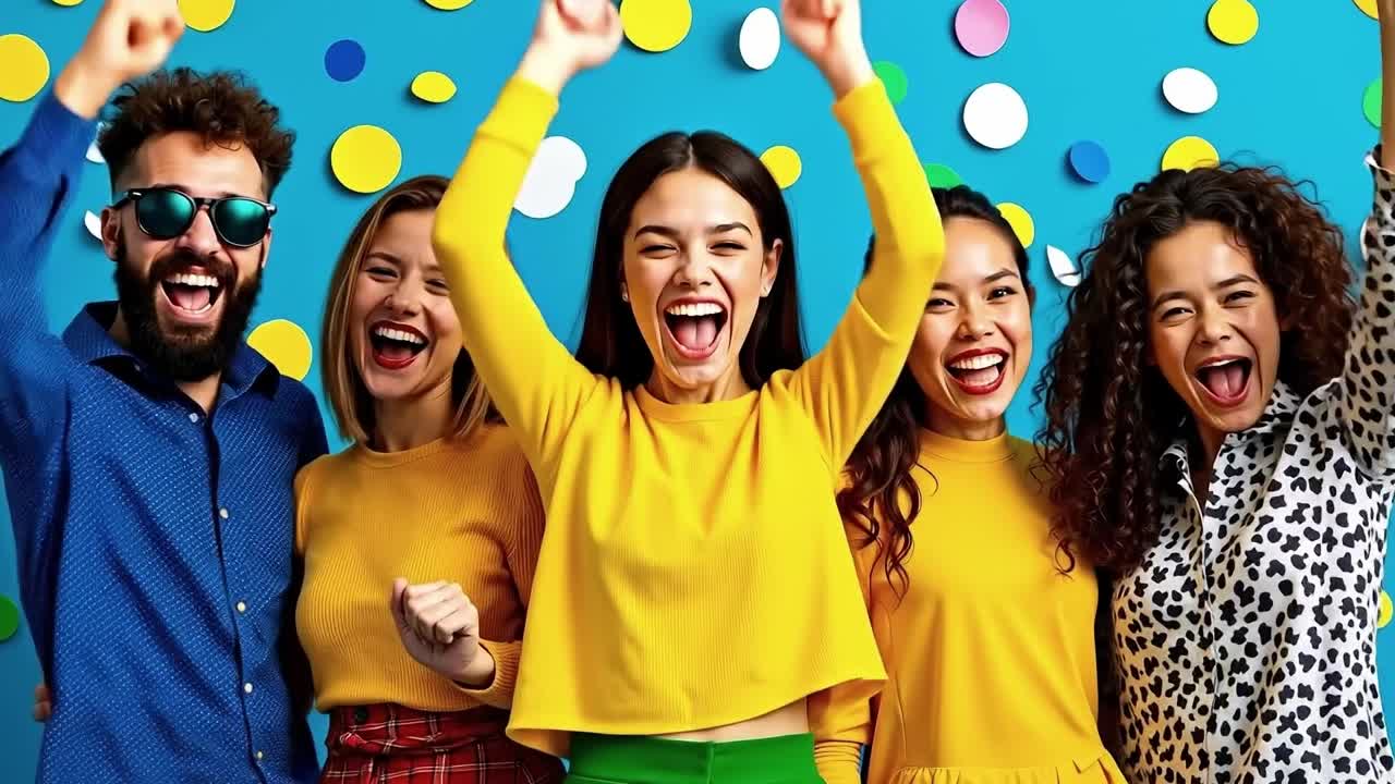 A group of young people standing in front of a blue background with confetti