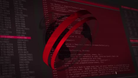 animation of circles around globe and computer language with interface over black background