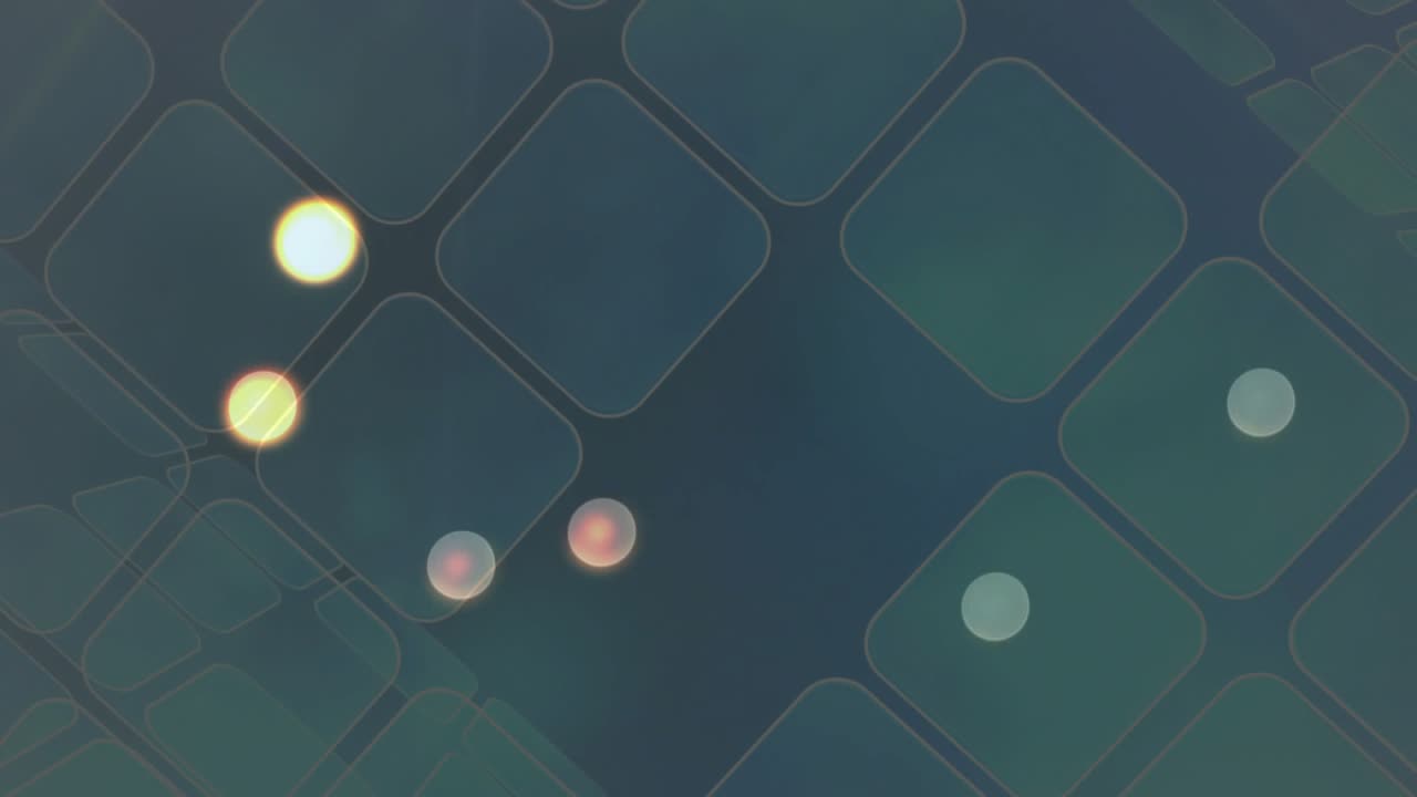 Opening on dark grid, bokeh circles drifting, shifting hues, fading away, visualizing color flow