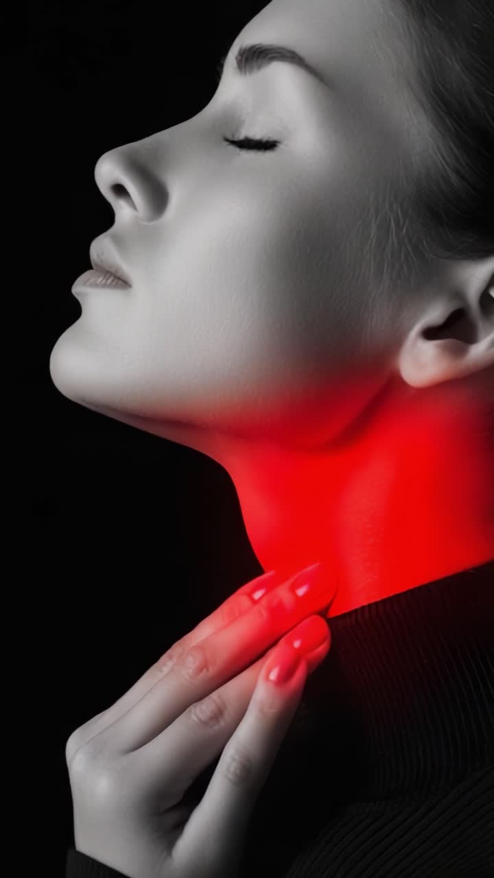 Un affascinante viaggio visivo: un ritratto di eleganza ed emozione che mostra una donna con un elegante dolcevita e un riflesso rosso brillante sul collo