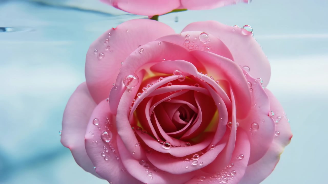 Un primo piano centrato di una rosa rosa con petali coperti di rugiada che toccano una superficie d'acqua liscia e azzurra, illuminata da una luce soffusa e diffusa.