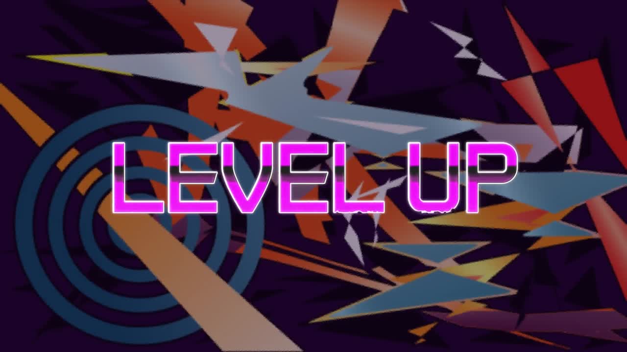 Animation of level up text over colorful moving graphics on dark background
