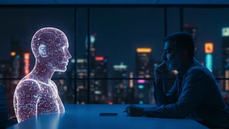a thought-provoking encounter between human and digital entity in a futuristic office setting amidst a vibrant cityscape at night