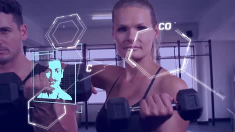 Animation-Der-Datenverarbeitung-über-Ein-Kaukasisches-Paar,-Das-Im-Fitnessstudio-Trainiert