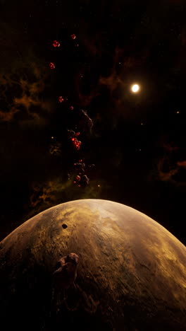 una lluvia de meteoritos ardientes impactando en un planeta marrón