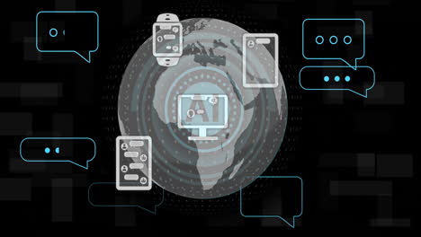 Animación-De-Texto-AI,-Globo-Terráqueo-Y-Procesamiento-De-Datos-Digitales-Sobre-Fondo-Negro.