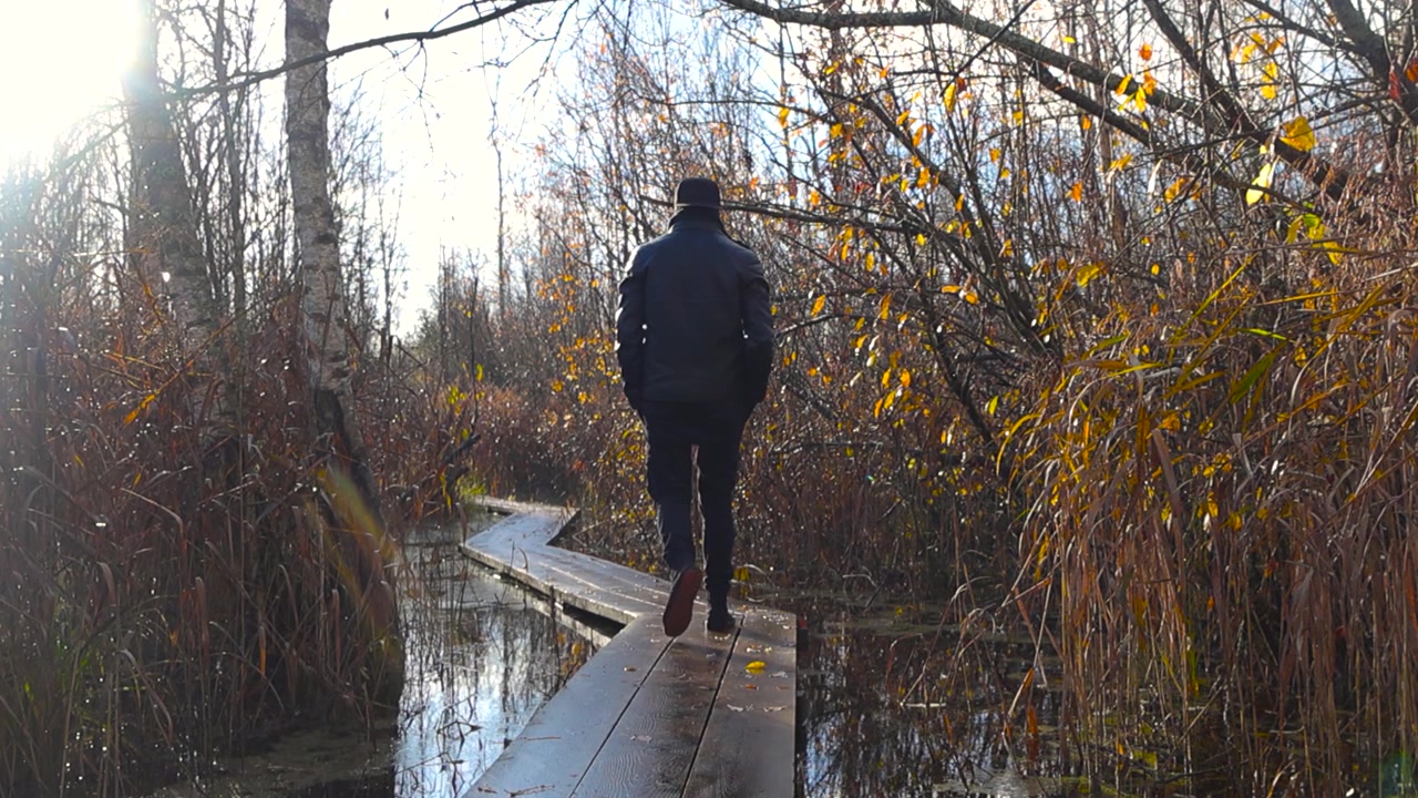 Uomo di spalle vestito di nero che si allontana con le mani in tasca su una passerella di legno in una torbiera, circondata da acqua ed erbe, con alberi nella palude. Cielo luminoso sullo sfondo durante l'autunno